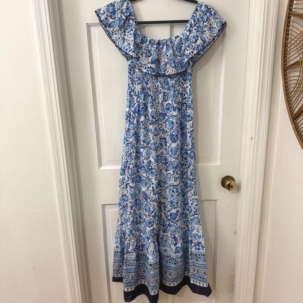 Zara Floral Maxi Dress XS Blue White Off Shoulder Sundress Boho Smocked Resort